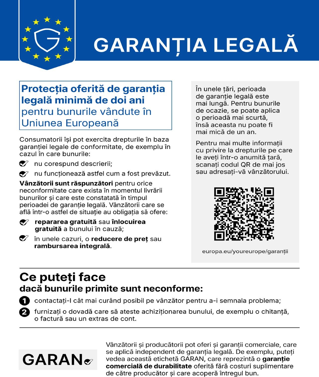 Notificare armonizată UE privind garanția legală de conformitate, minimum doi ani